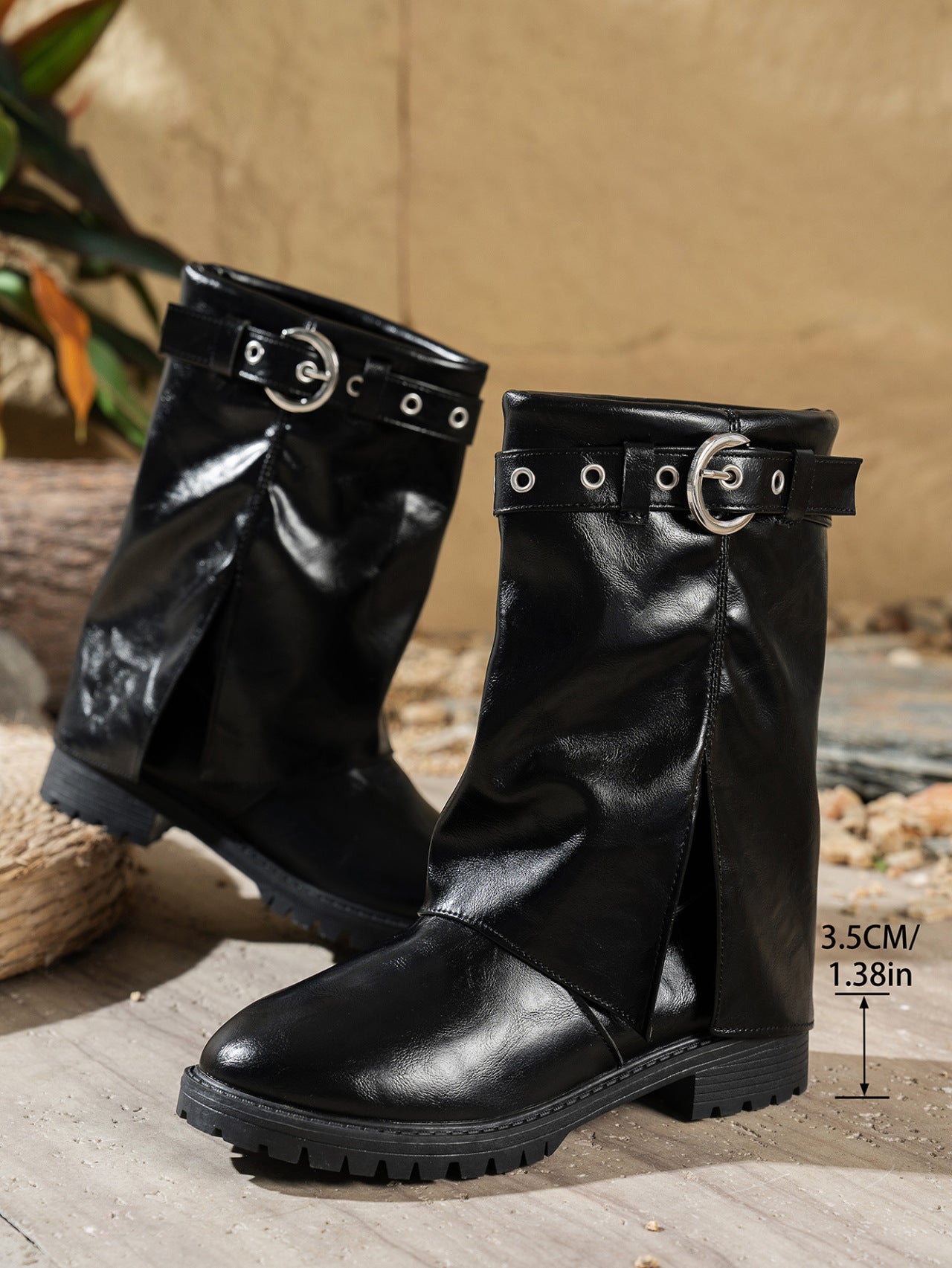 Women's Round Toe Belt Buckle Autumn Plus Size Crinkle Mid-Calf Slip-On Boots 8