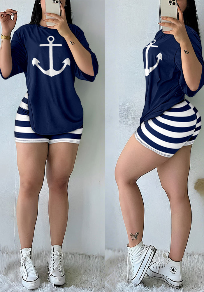 Women's Letter Print Short Sleeve Loose T-Shirt + Stripes Tight-Fitting Shorts Two-Piece Set