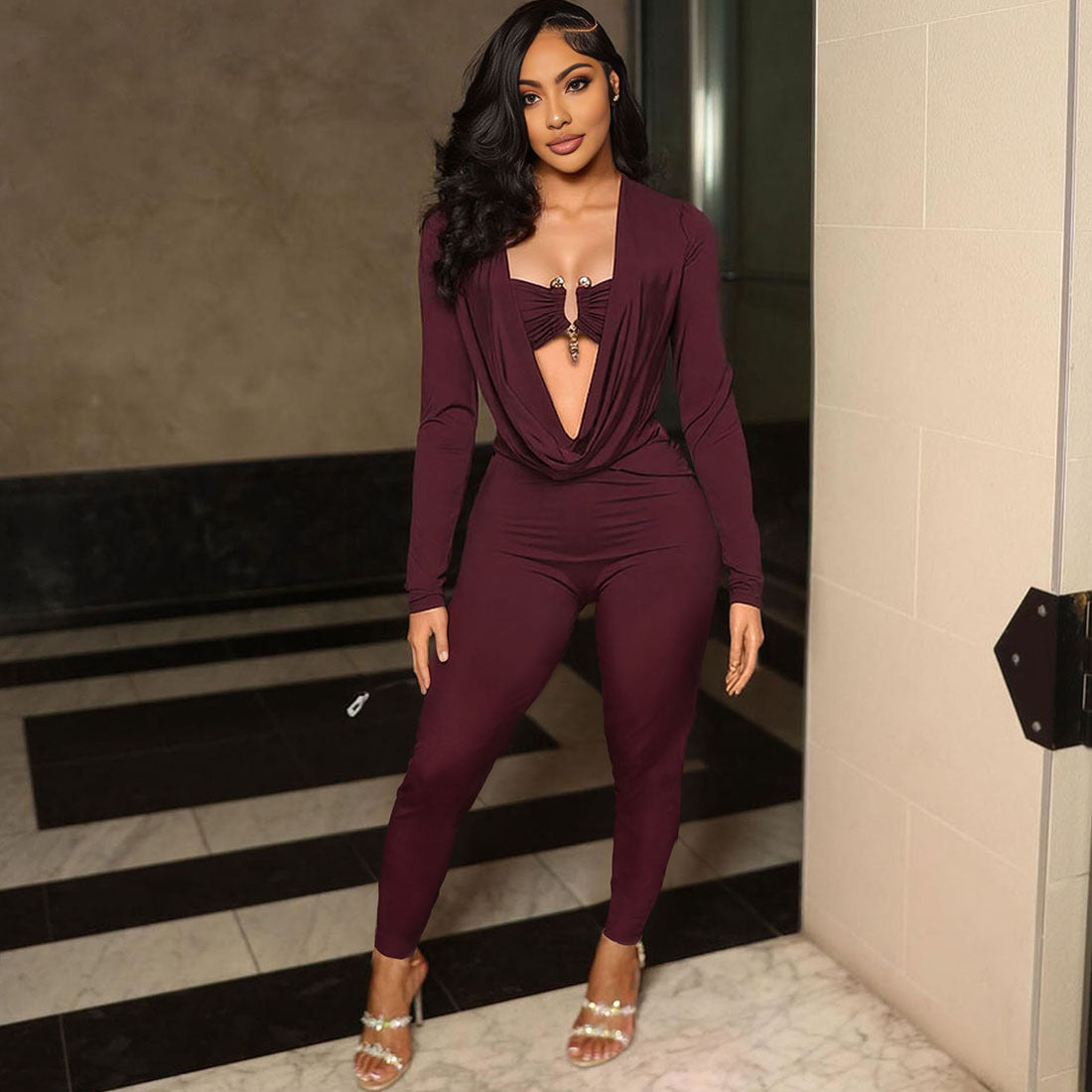 Summer Women's Fashion Sexy Draped Neck Slim Waist Bodycon Solid Color Jumpsuit 5