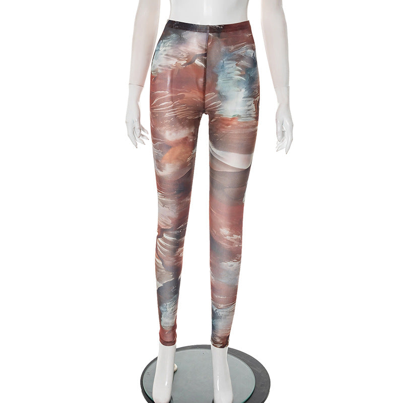 Women Spring and Summer Mesh Print See-Through Tight Pants 20