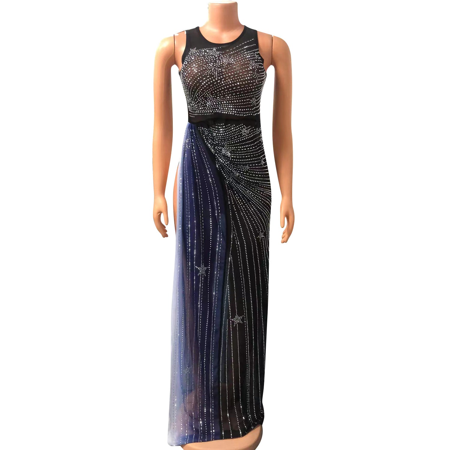 Summer Women Sexy Mesh Beaded Printed Slit Dress 11