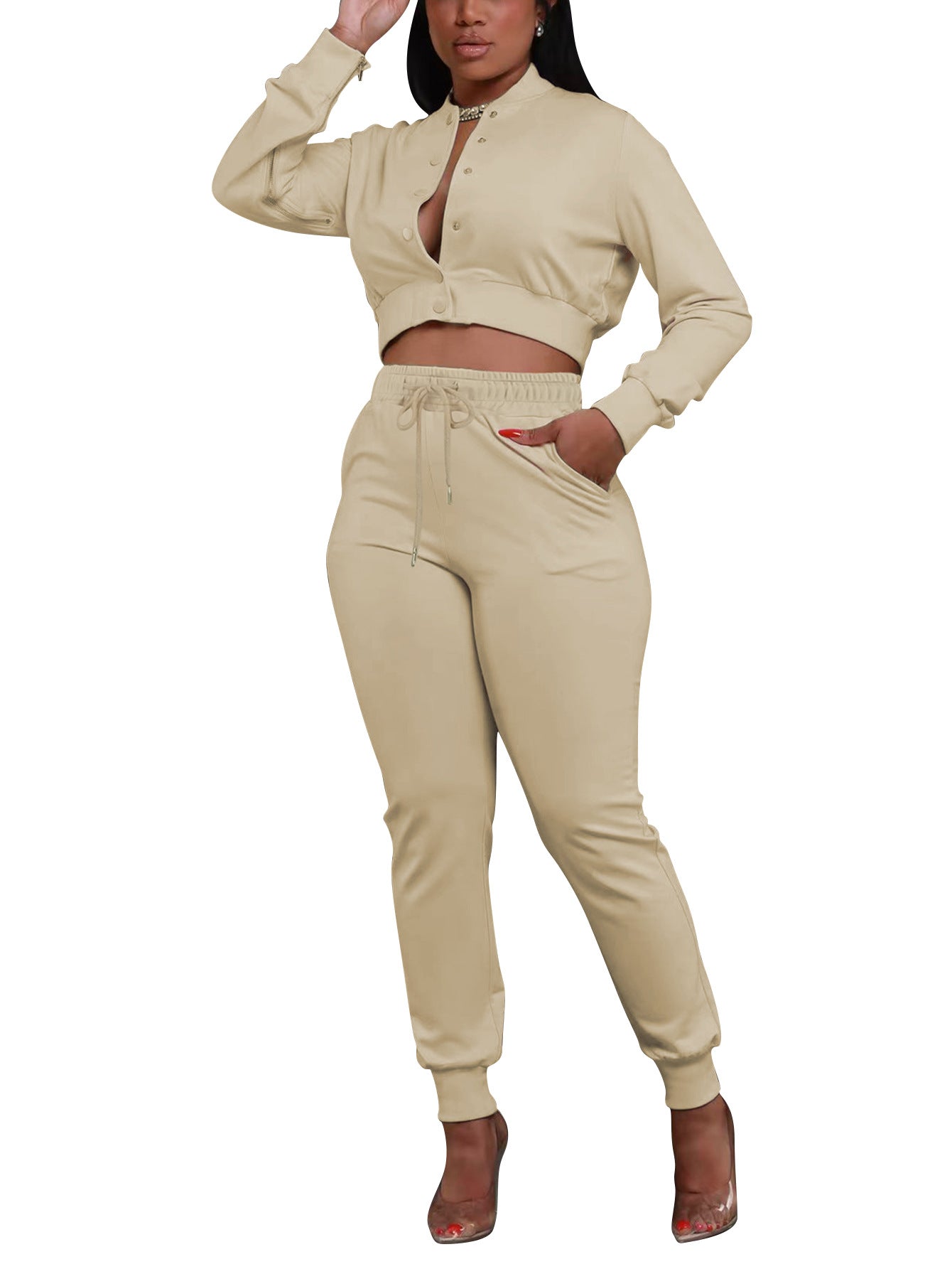 Women's Solid Color Casual Baseball Jacket Single-Breasted Long Sleeve Zipper Top and Sport Pants Two-Piece Set 5