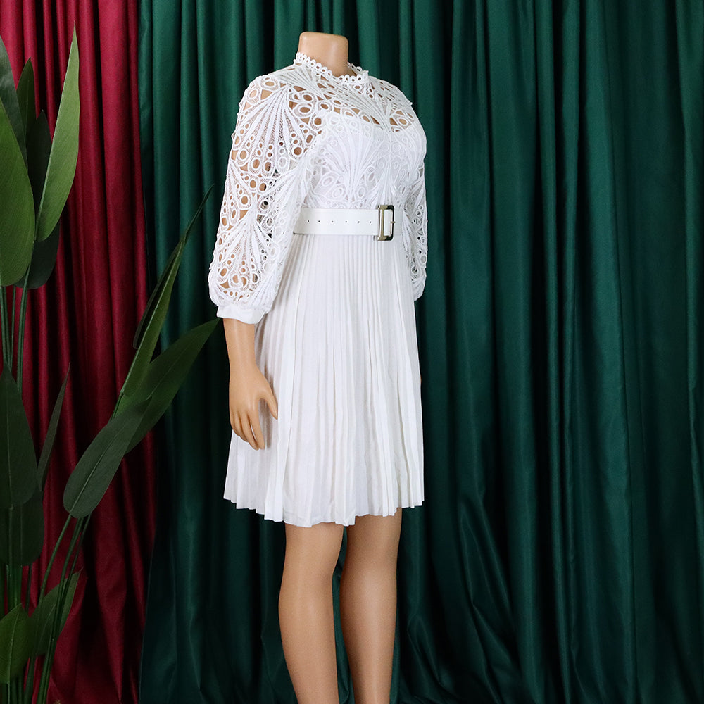 Women'S Chic Solid Color Lace Crochet Cutout Pleated Dress 12