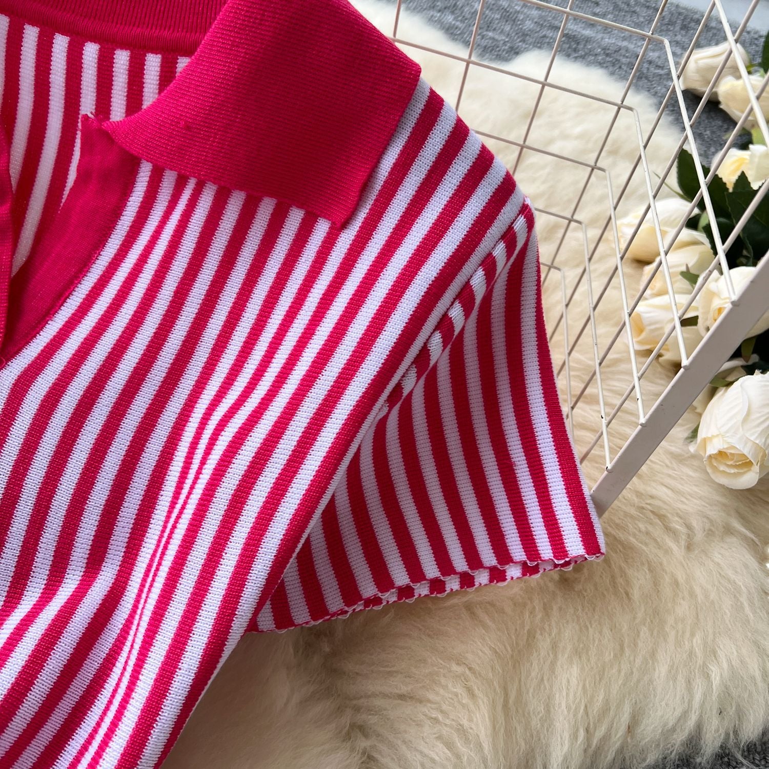 Contrast Turndown Collar Short-Sleeved Striped Women's Slim Waist Knitting Dress 13