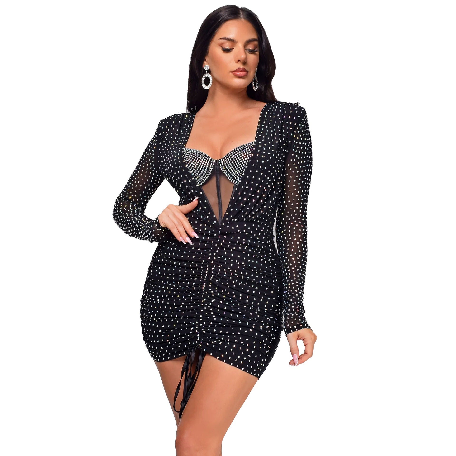 Sexy Beaded Drawstring See-Through Bodycon Dress 7