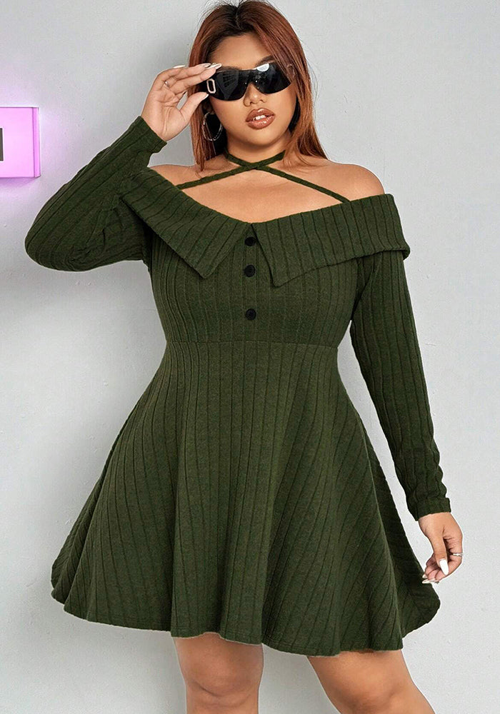 Autumn And Winter Plus Size Women's Sexy Trendy Halter Neck Off-Shoulder Short Dress