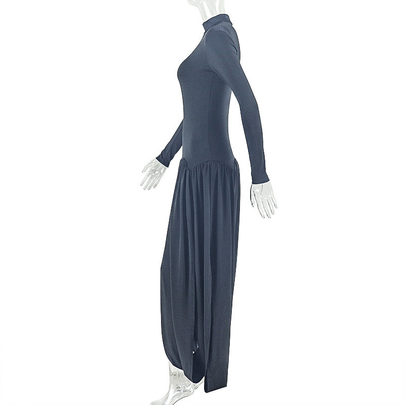 Women Slash Solid Pleated Elegant Turtleneck Long Sleeve Bodycon Dress 9