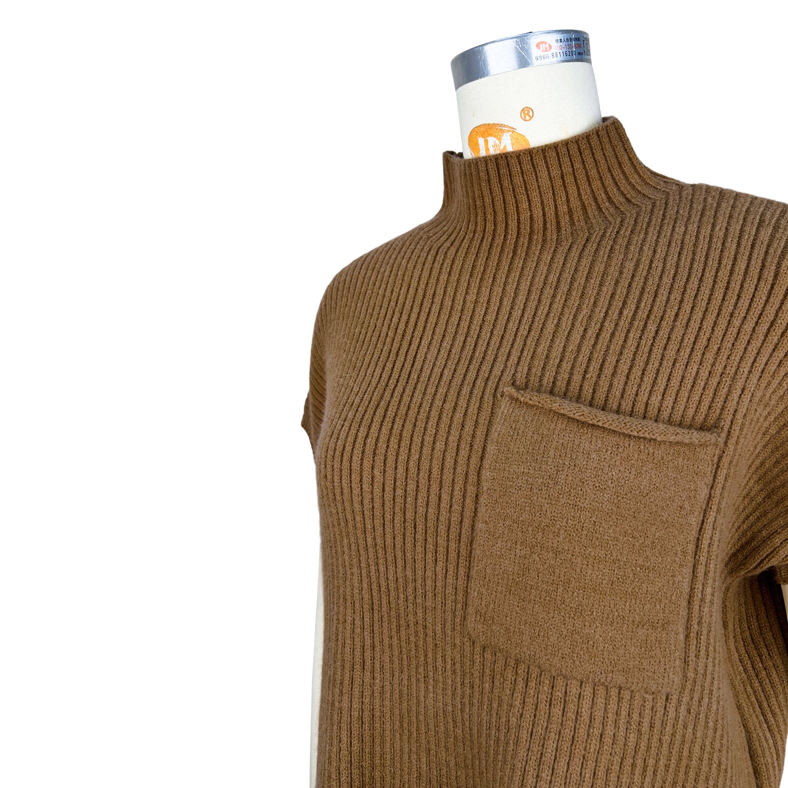 Women's Solid Color Knit Ribbed High-Neck Short Sleeve Top Sweater 18