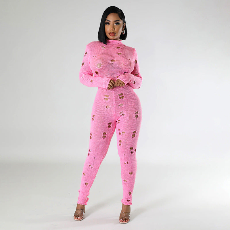 Autumn Winter Women's Fashion Ripped Slim Knitting Jumpsuit 4