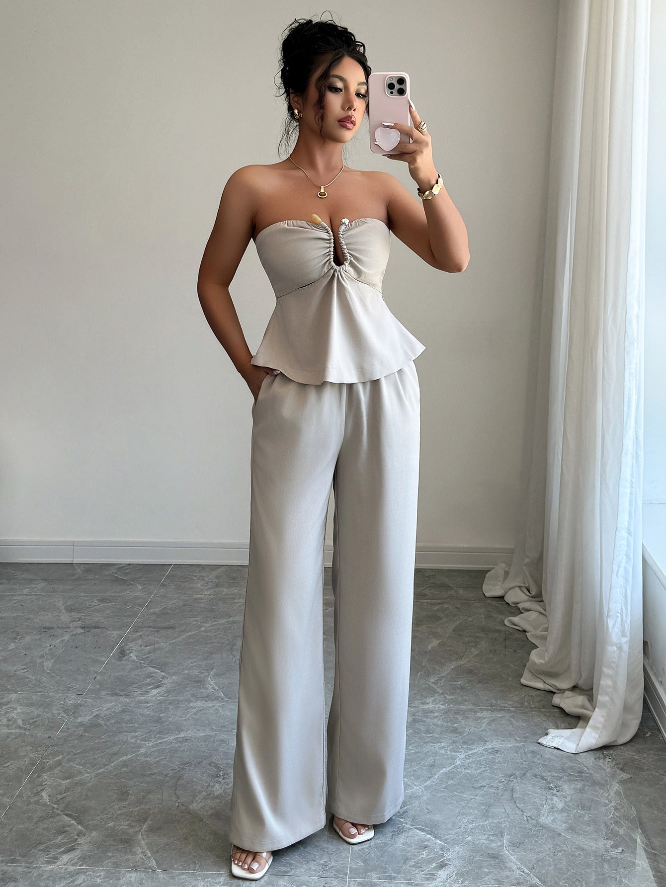 Elegant Strapless Straight-Leg Pants Set 4