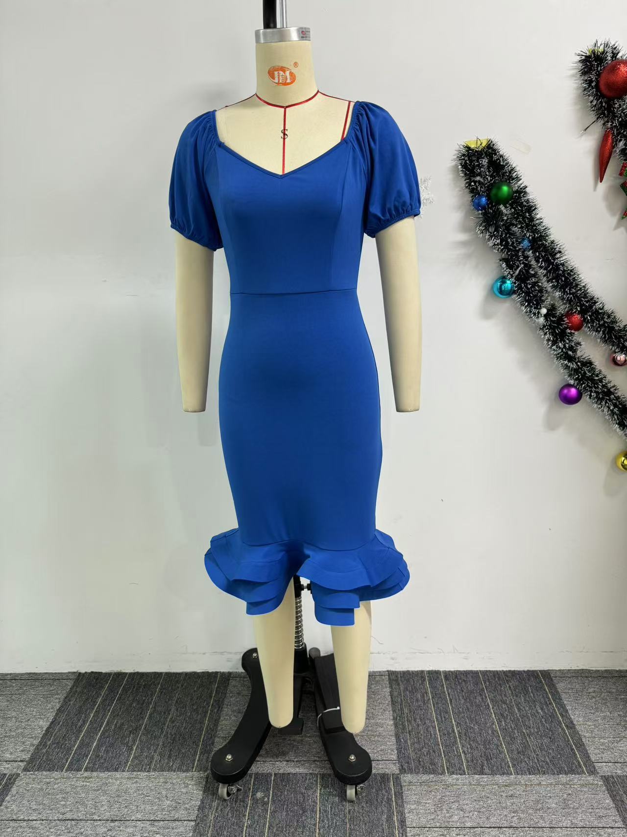 Women Stretch Lantern Sleeve Wave Bodycon Dress 8