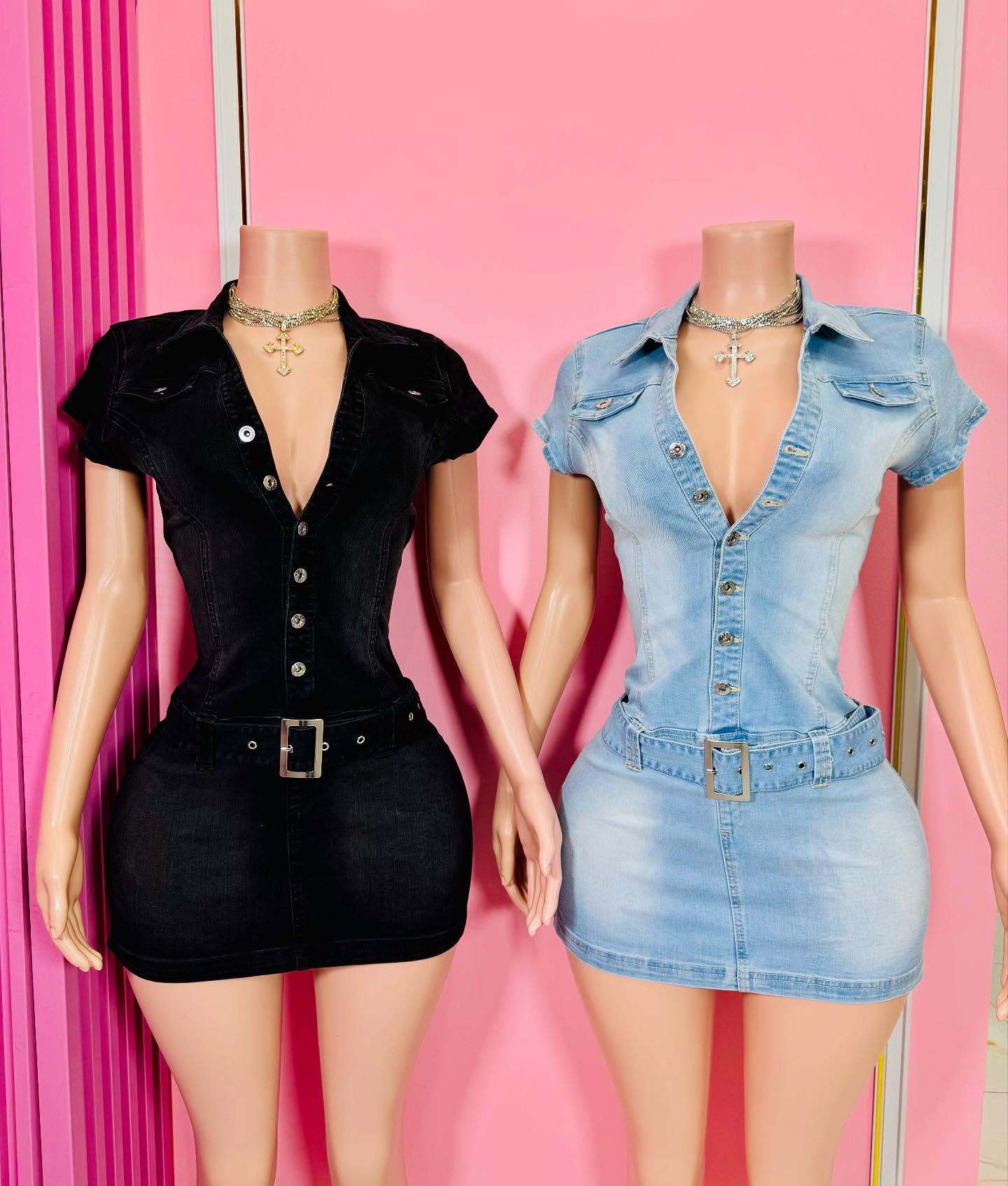 Spring Short-Sleeved Slim Stretch Fashion Denim Dress 4