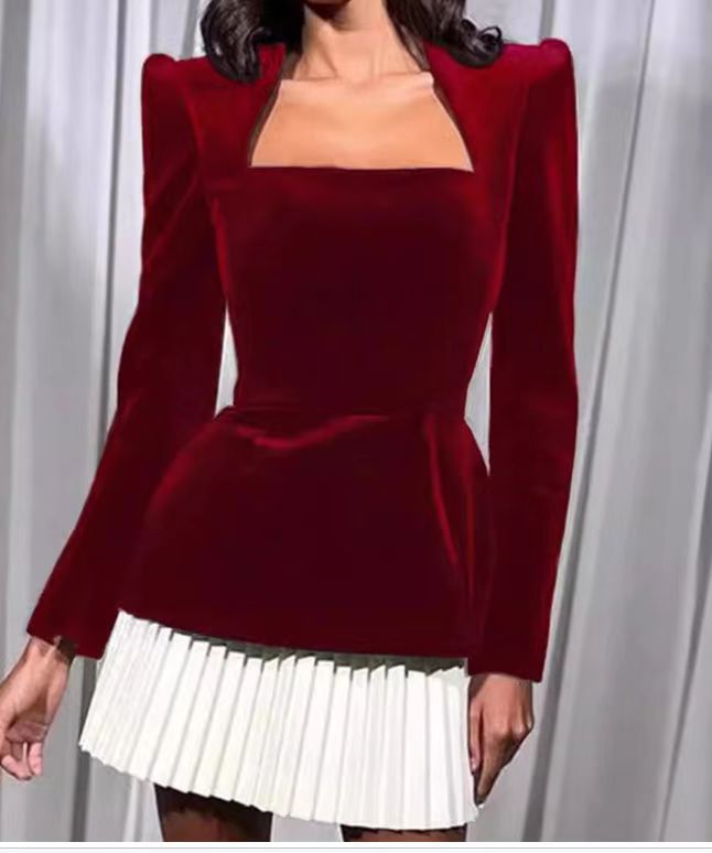 Women Square Neck Colorblock Pleated Velvet Dress 7