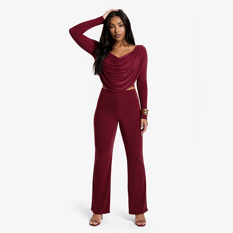 Women Fall Solid Casual Long-Sleeved Top and Pants Two-Piece Set 7