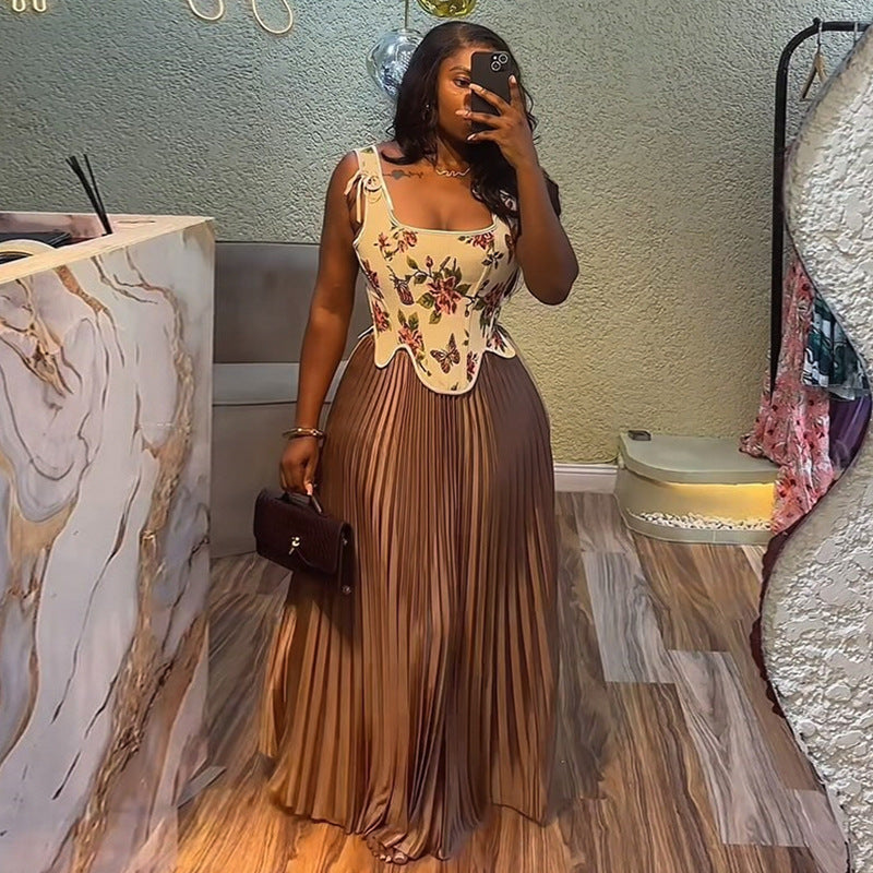 Women's Summer Sweet Print Slim-Waist Vest & High-Waist Pleated Skirt Two Piece Set 3