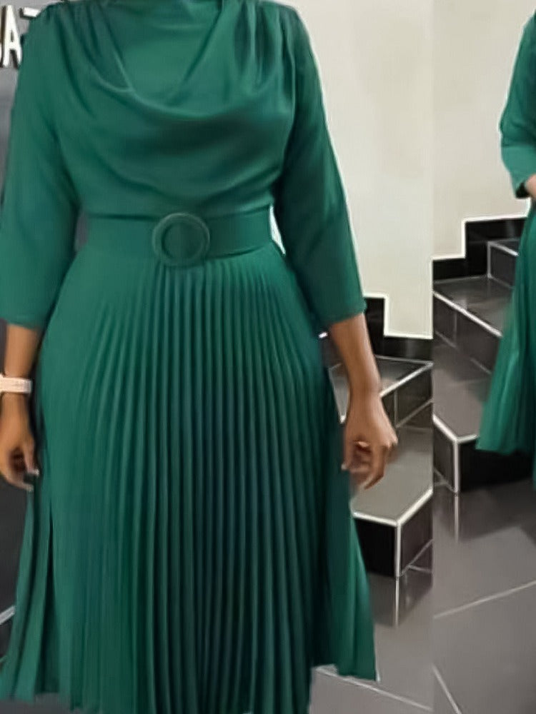 Autumn Women's Fashion African Plus Size Solid Color Pleated Dress