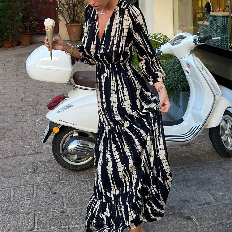 women's clothing 2023 new shirring layered large swing dress tie-dye printing V-neck sexy backless dress 3