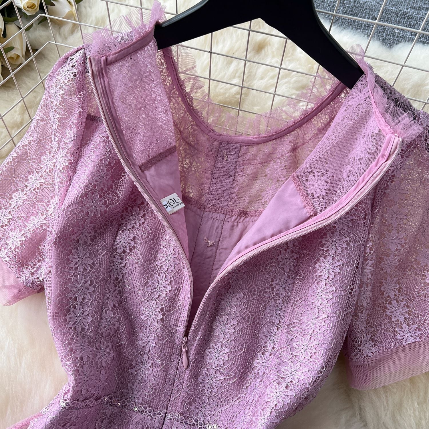 Women French Beaded Embroidered Short Sleeve Puffy Mesh Dress 23