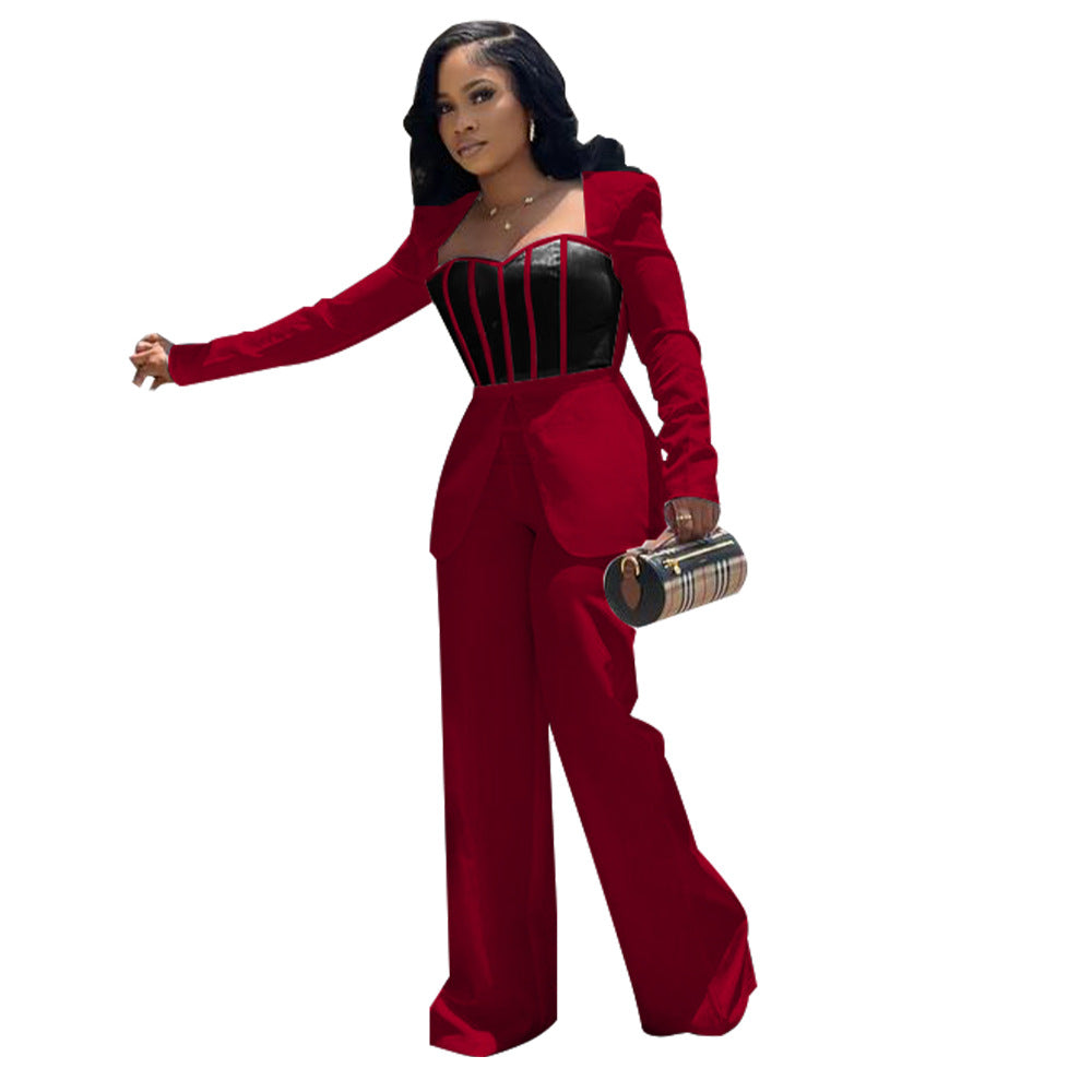 Women's Sexy Slim Waist Contrast Patchwork Long Sleeve Wide Leg Jumpsuit 11