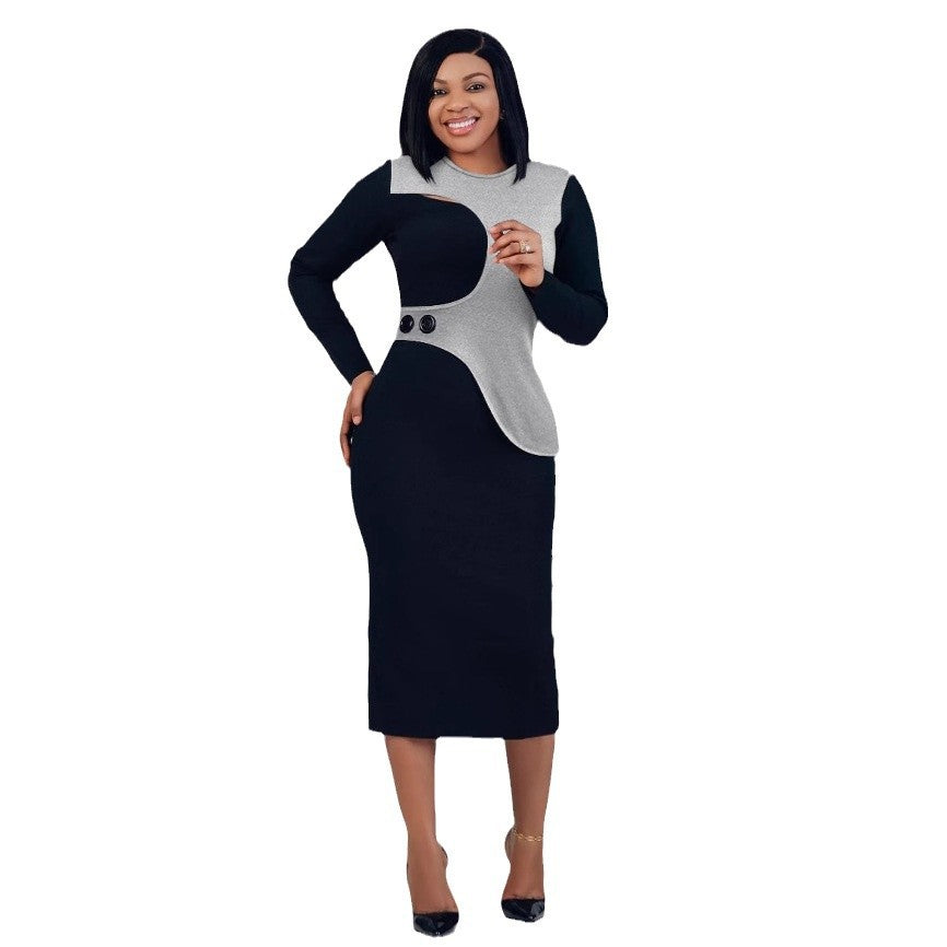 Patchwork Contrast Color Irregular Elastic Bodycon Back Slit Dress 6