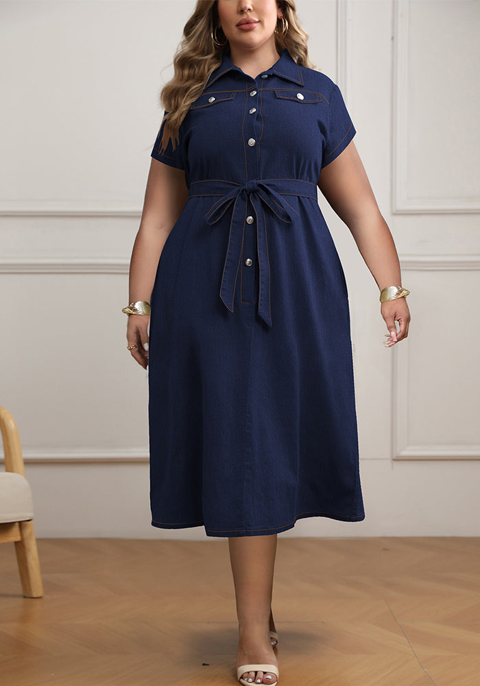 Plus Size Women Winter Turndown Collar Short Sleeve Dress