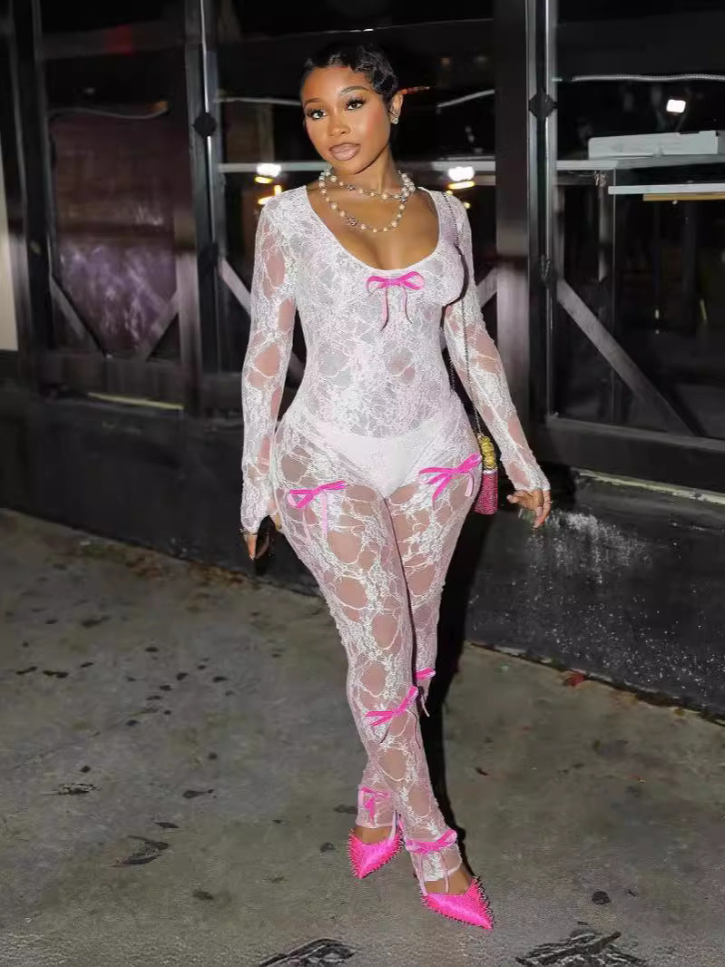 Women's Clothing Sexy Bow Lace Jumpsuit 5