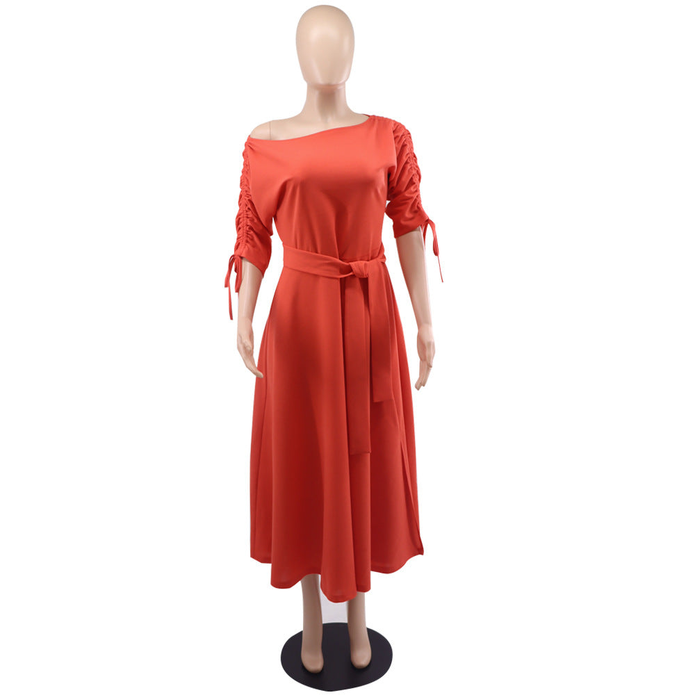 Slash-Shoulder Slim Waist Midi Casual Dress 8