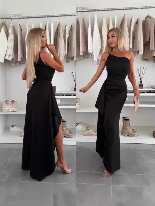 Summer Slash Shoulder Split Sleeveless Women's Sexy Slim Evening Dress 9