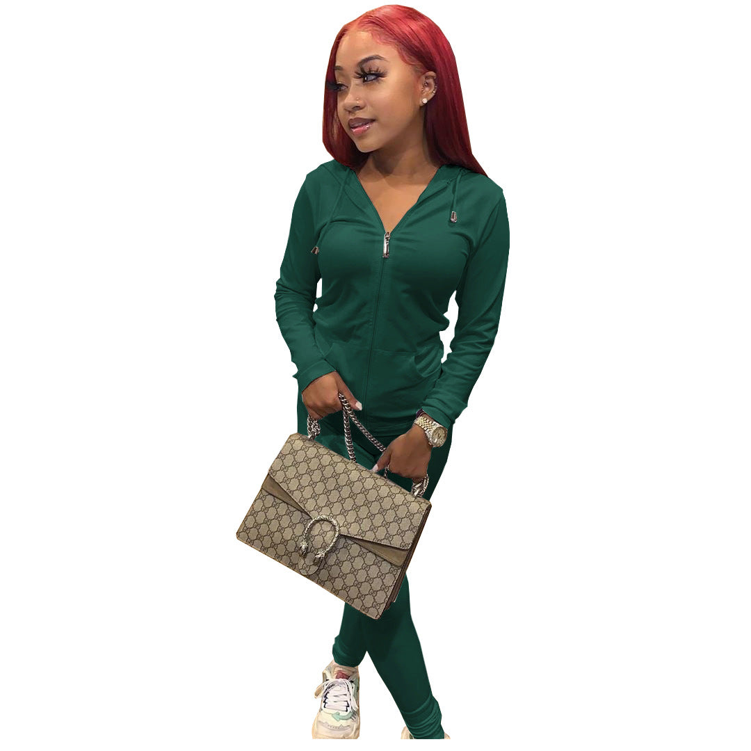 Women Summer Sports Hooded Full Sleeves Solid Pockets Regular Two Piece Pants Set 48