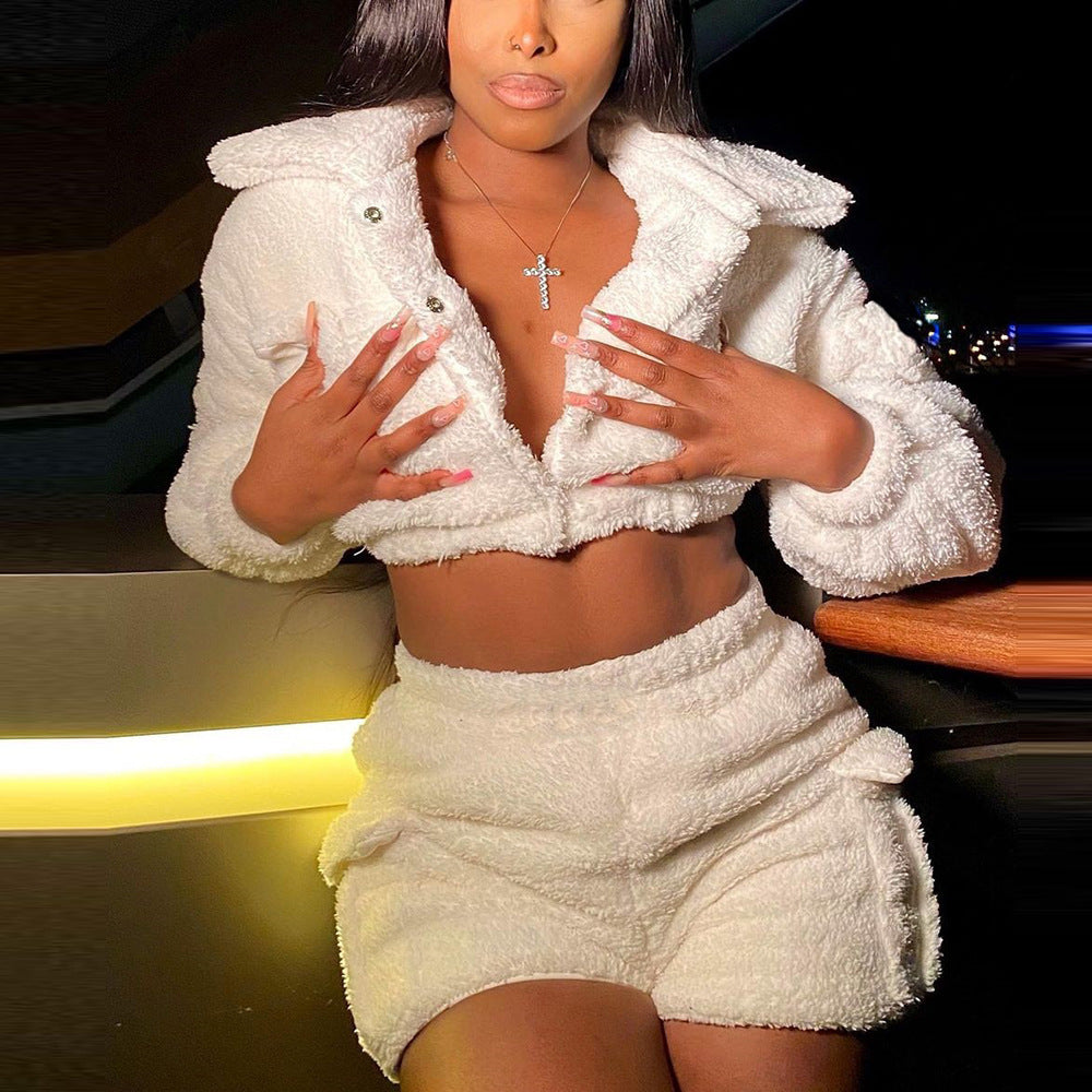 Solid Color Two-Piece Fashionable Fleece Long-Sleeved Top Shorts Set