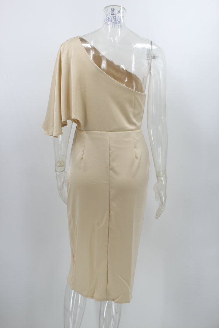 WomenSexy Single Sleeve Irregular Satin Evening Dress 18