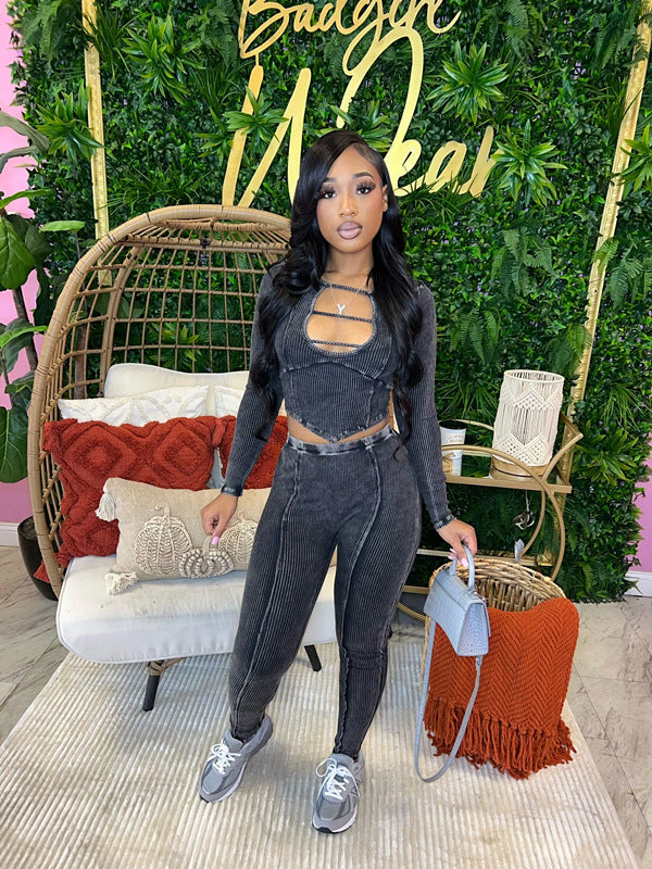 Women's Stretch Ribbed Tight Fitting Sexy Long Sleeve Two-Piece Pants Set