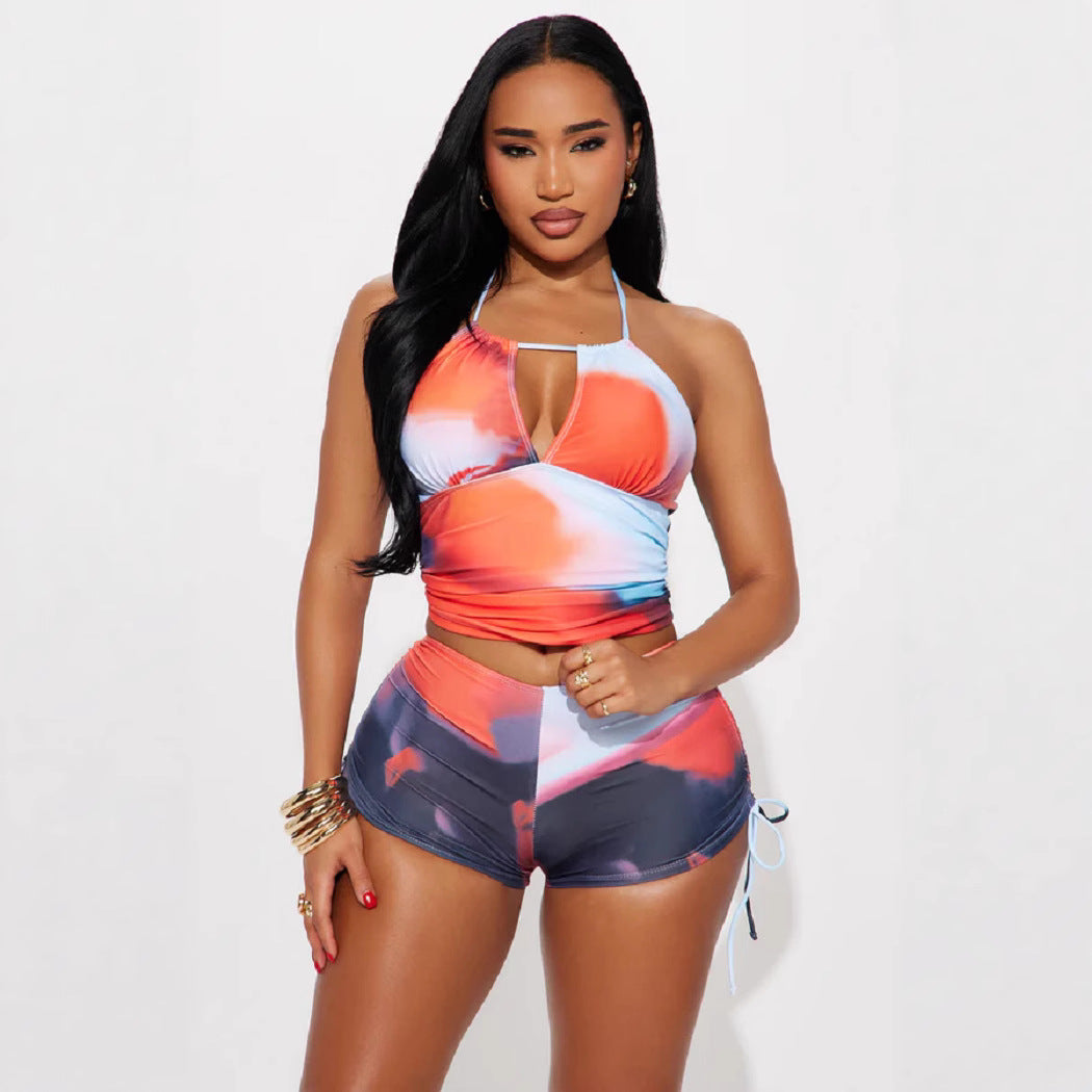 women's print Halter Neck two piece shorts set 5