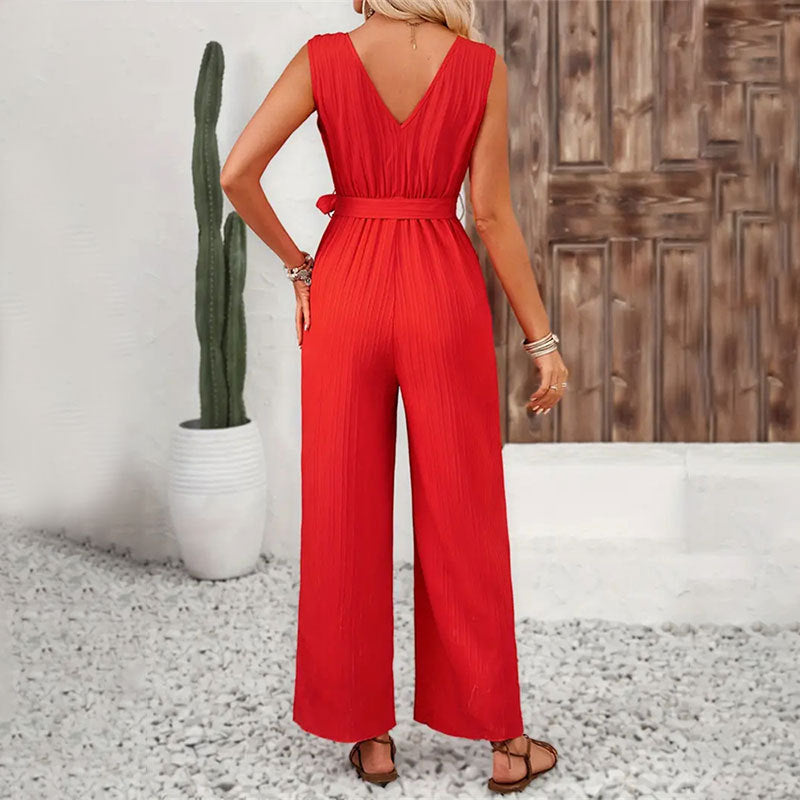 Women's Ruffled Straight Wide Leg Belt Sleeveless Casual Jumpsuit 3