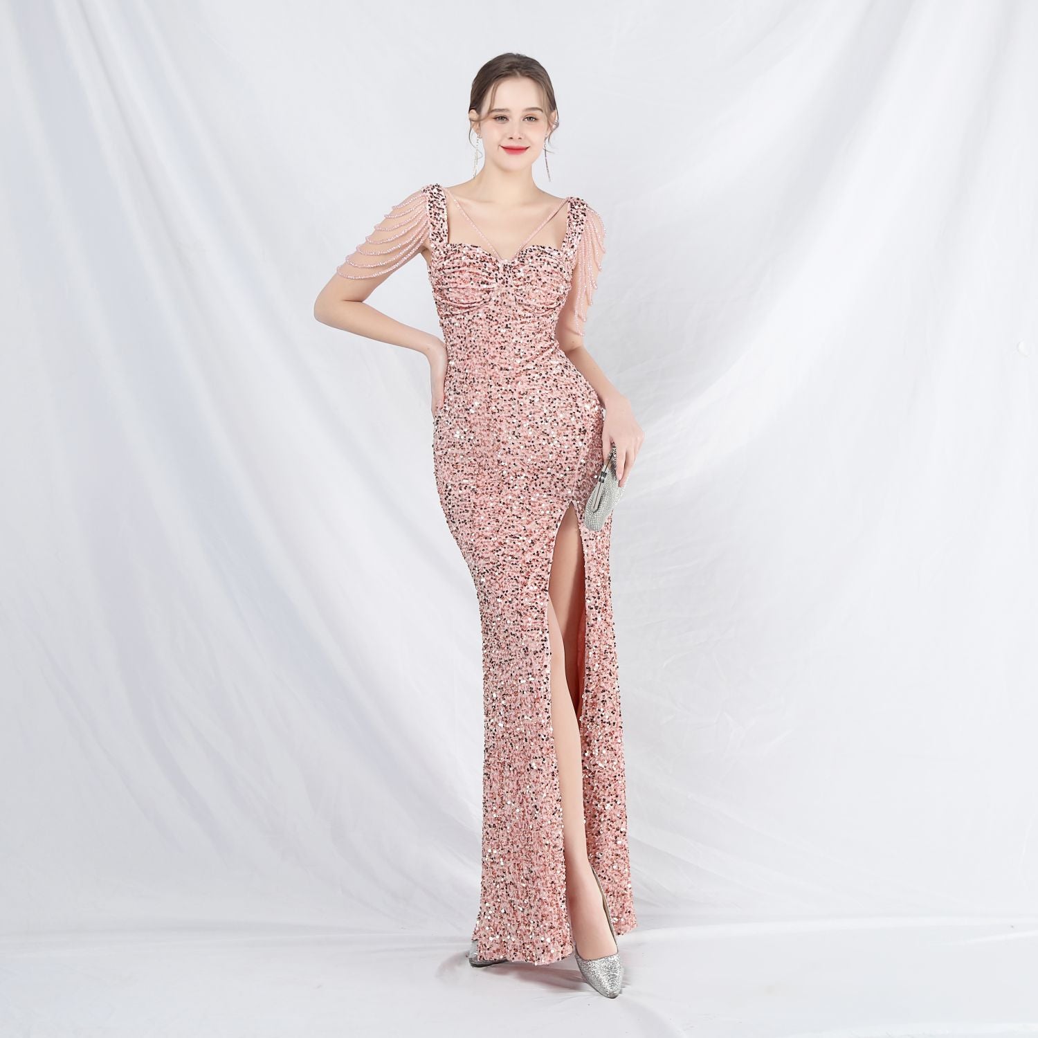 Celebrity Formal Occasion Velvet Beaded Long Evening Dress 6