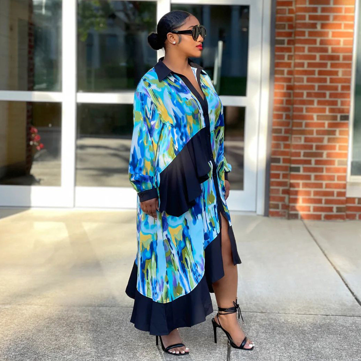 Autumn Print Ruffled Patchwork Irregular Loose Casual Plus Size Shirt Dress