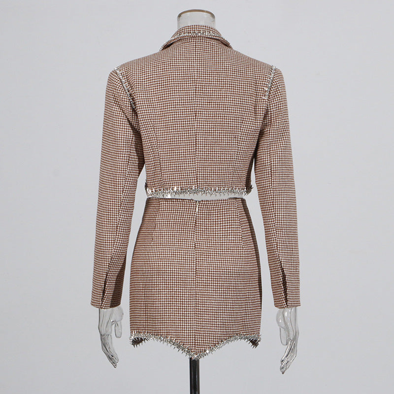 Women Diamond Blazer Bodycon Skirt Two-piece Set 5