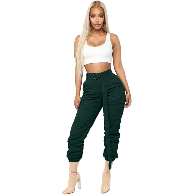 Women Solid Casual Cargo Pants with Belt 3