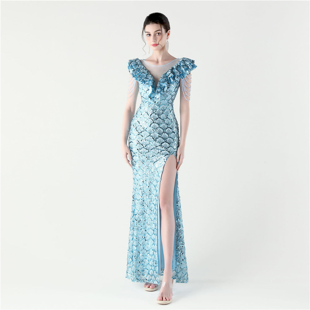 Women Floral Mesh See-Through Slit Mermaid Evening Dress 21