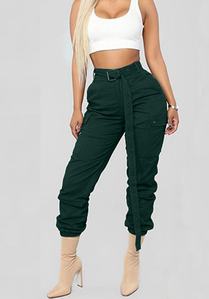 Women Solid Casual Cargo Pants with Belt