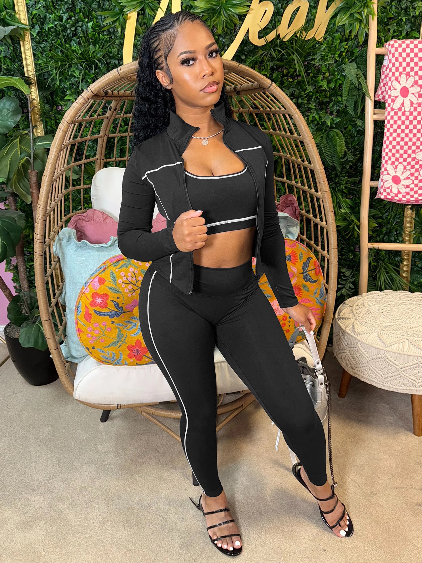 Women Zippered Thumb-Sleeve Long-Sleeved Top and Pants Three-Piece Set