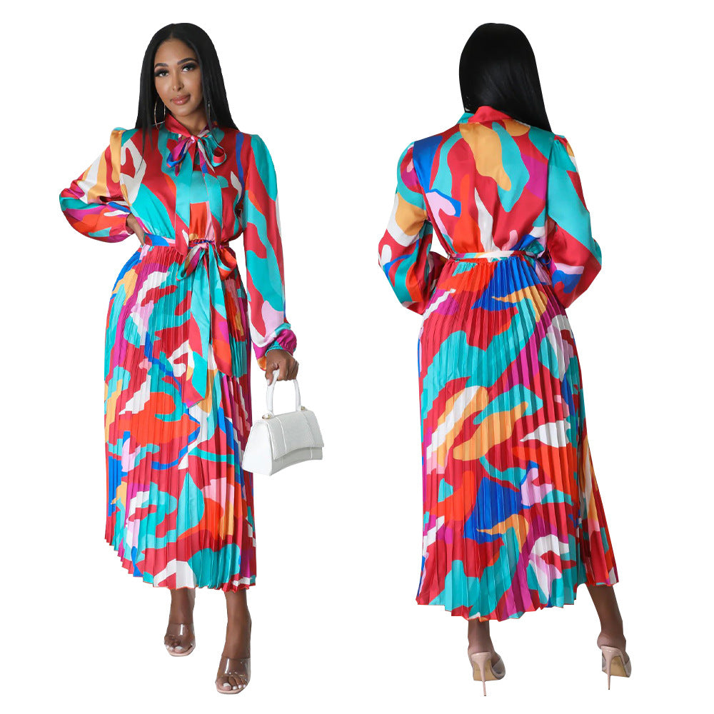 Women's Tie Long Sleeve Printed Pleated Dress 34