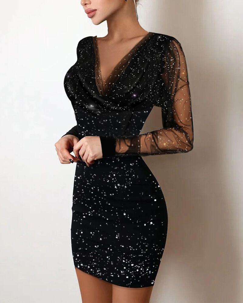 Women long-sleeved sequined V Neck Bodycon Dress