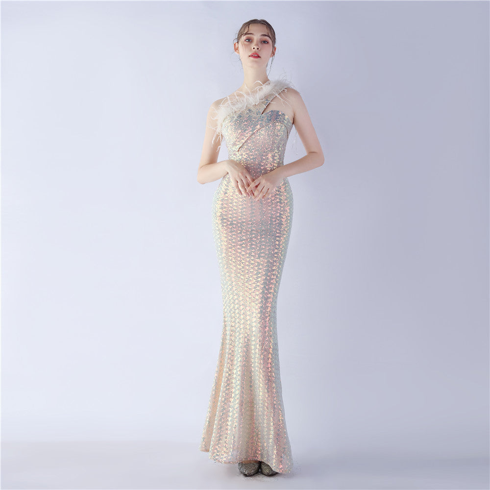 Feather One-Shoulder Slash Shoulder Sequined High-End Evening Dress 8
