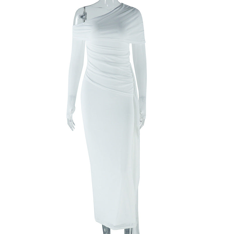 Women's Solid Color Sexy slash Shoulder Long Sleeve Mesh Patchwork Chic dress 7