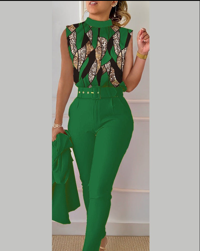 Trendy Spring Print Sleeveless Print Top Solid Pants Fashion Casual Suit (Without Coat) 6