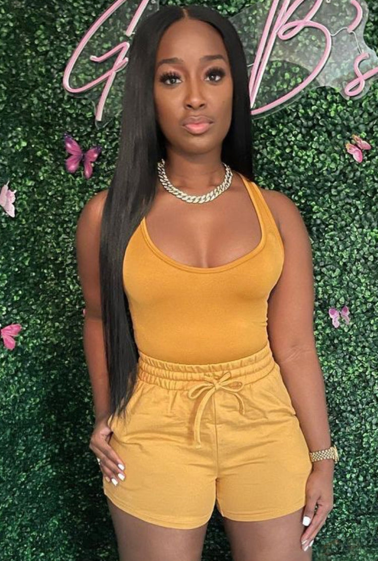 Summer Casual Yellow Vest and Drawstrings Shorts 2PC Set