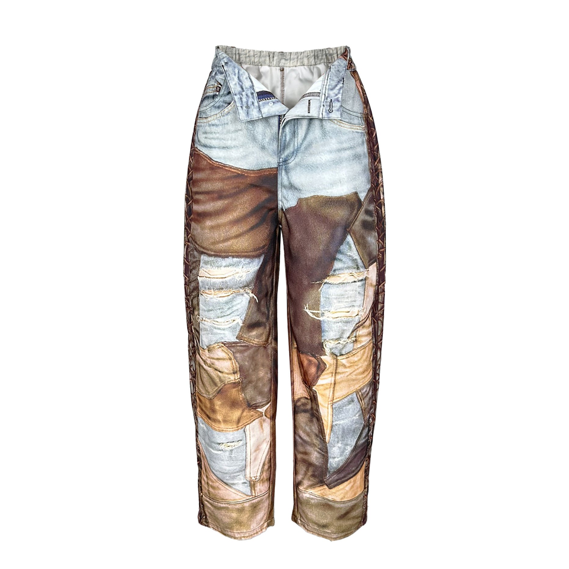 Denim Leather Print Wide-Leg Pants for Women 14