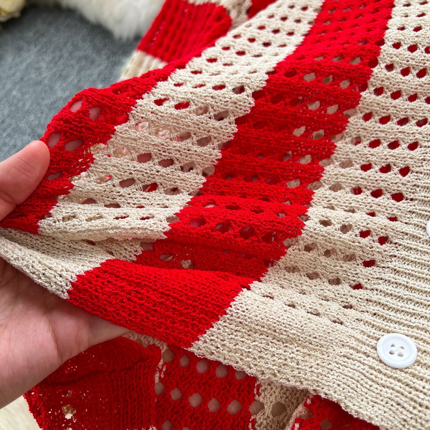 Women's Summer V-Neck Loose Knit Cardigan Top + Wide-Leg Pants Set Color-Block Striped Hollow-Out Outfit 27