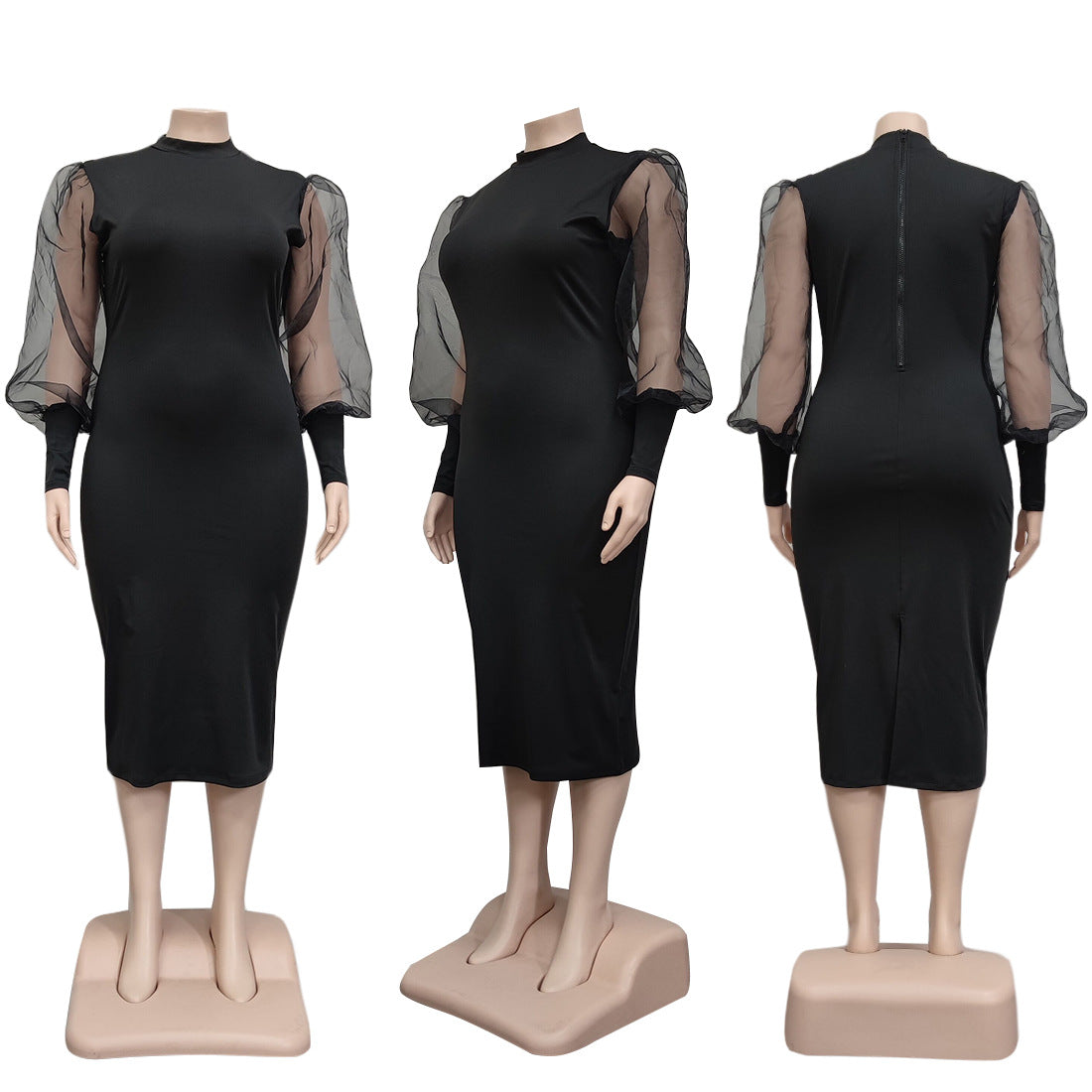 Plus Size Women's See-Through Mesh Balloon Sleeve Bodycon Dress 8